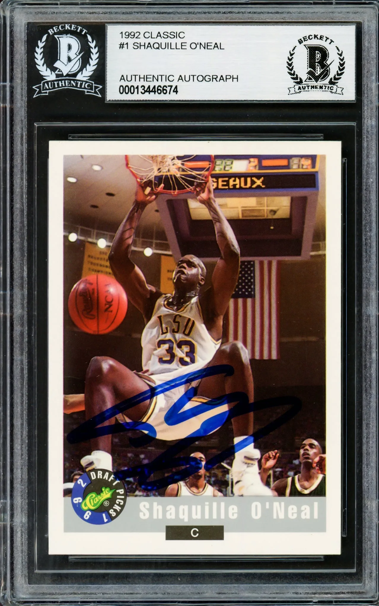 Shaquille Shaq O'Neal Autographed 1992 Classic Rookie Card #1 LSU Tigers Beckett BAS Stock #211214