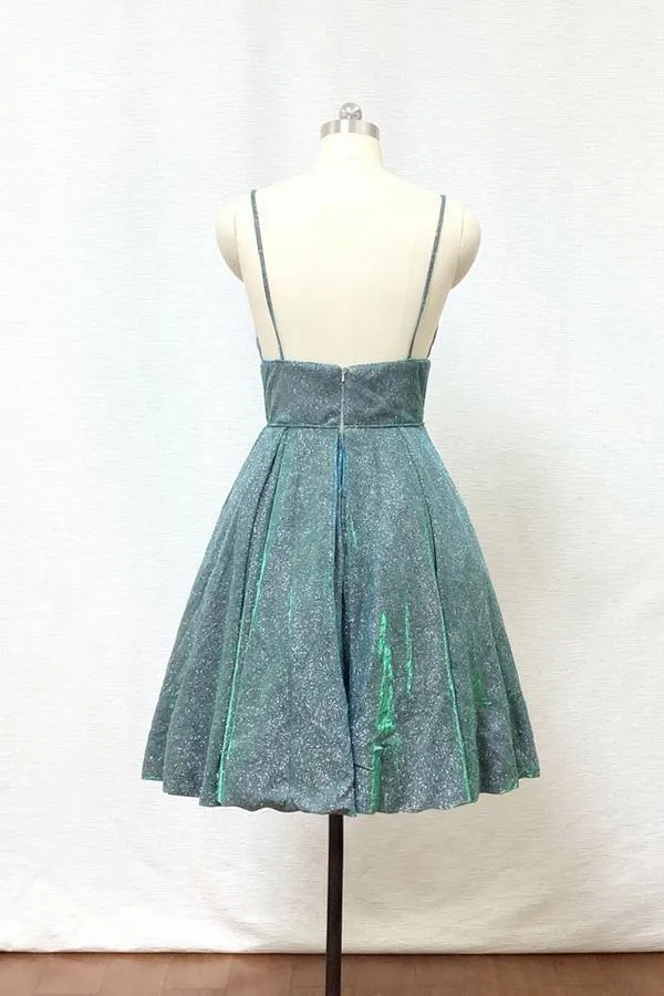 Spaghetti Straps Silver Green Glitter Short Homecoming Dress with Pockets PD428