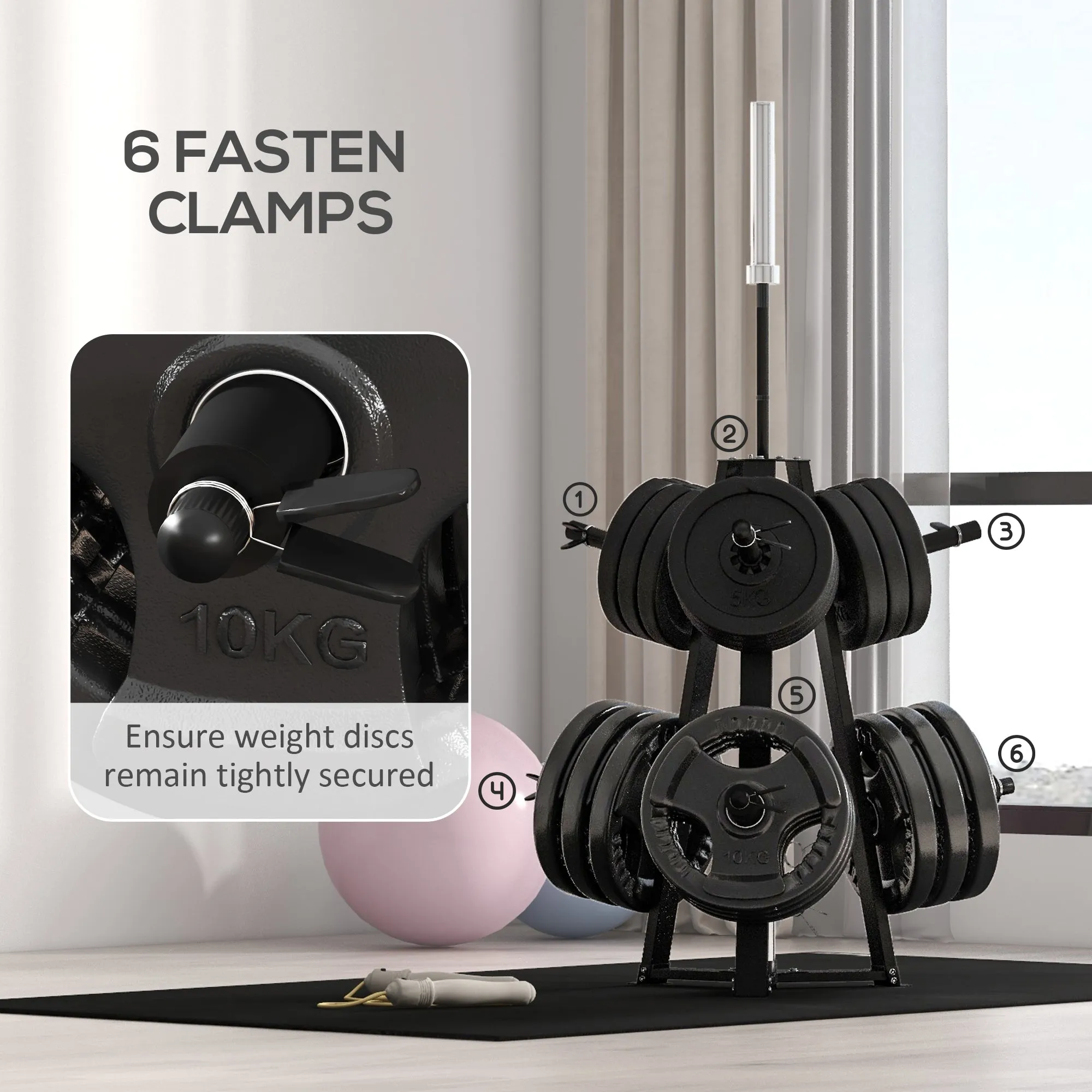 Weight Plate Storage Rack with 6 Fasten Clamps, Max Load 300kg