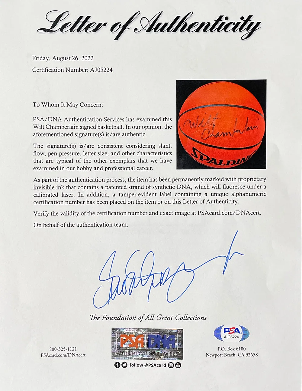 Wilt Chamberlain Los Angeles Lakers Signed Spalding Basketball PSA LOA