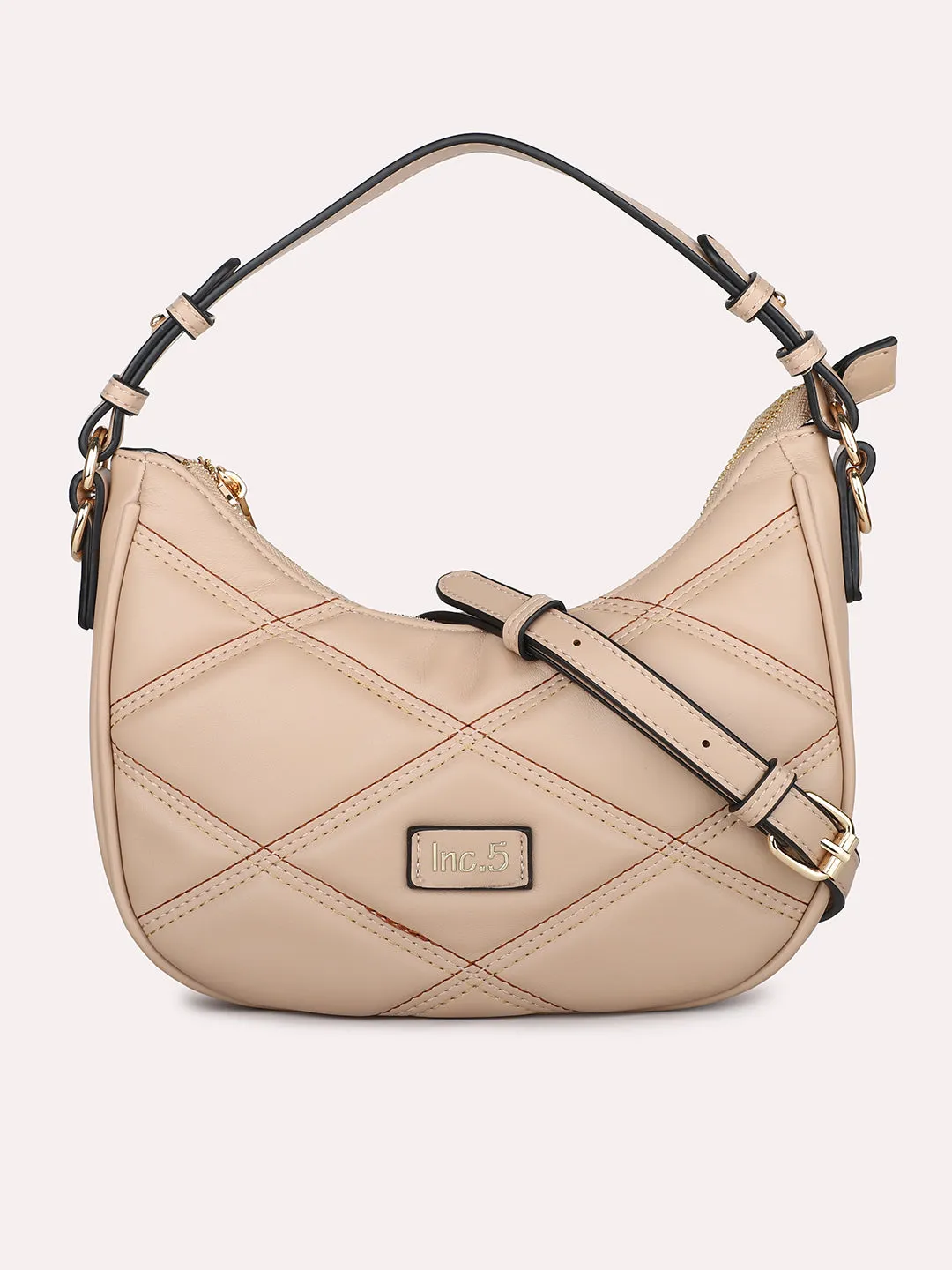 Women Beige Qulited Half-Moon Shoulder Bag