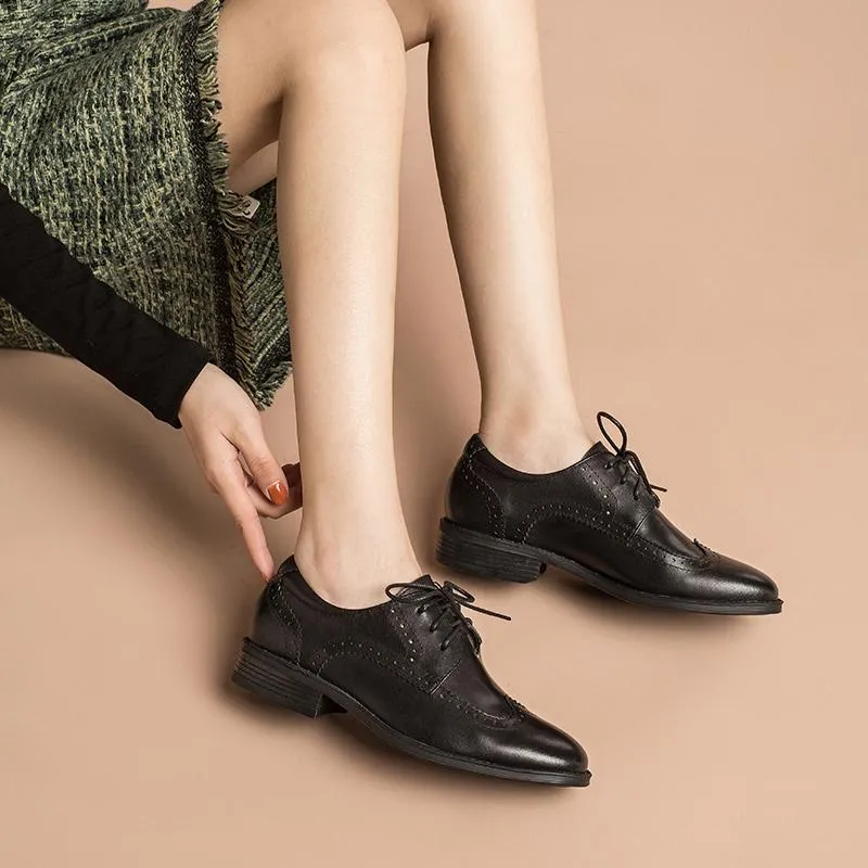 Women Wingtip Shoes Handmade Sheepskin Full Brogues Oxfords & Tie Low Heel Elegant Brown/Black (better suited for thin feet)